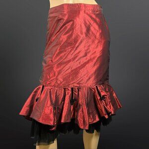 Vintage Burgundy Taffeta Ruffled Midi Skirt Size 6 Bows Gothic Fairy Whimsigoth